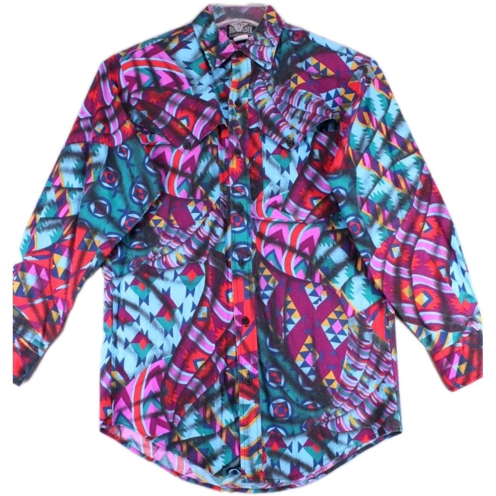 Rough Rider Mens Vintage S Long Sleeve Button Shirt Western Aztec Geometric